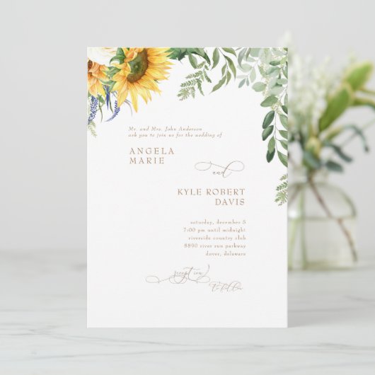 ほふくエレガントしたユーカリひまわり結婚の花 招待状 (スタンド正面)