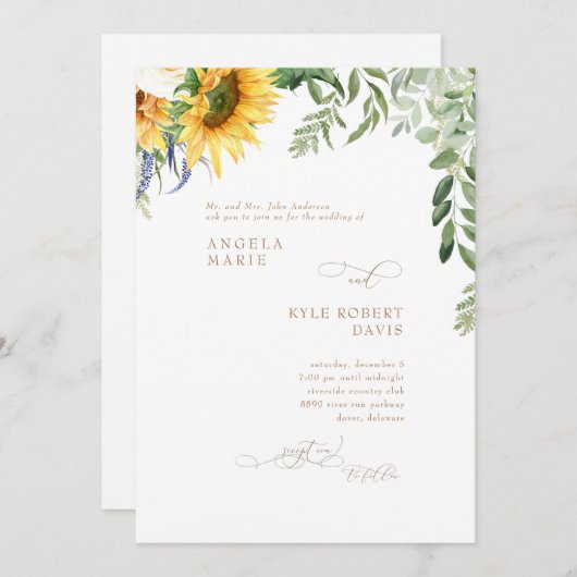 ほふくエレガントしたユーカリひまわり結婚の花 招待状 (正面/裏面)