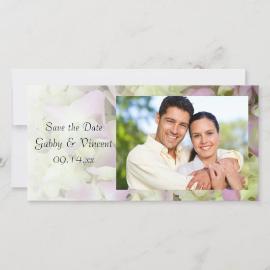 ほぼピンクのあじさい結婚式の日付を保存 セーブザデート (正面)