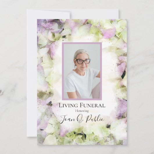 ほぼピンクのあじさい花リビング葬儀パーティー 招待状 (正面)