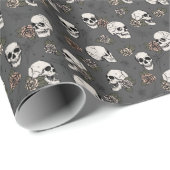 ほぼ黒ピンクのゴシック様式のスカルとバラフローラ ラッピングペーパー (ロールコーナー)
