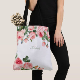 ほんのりとしたバラのピンクの花のイニシャルモノグラム トートバッグ