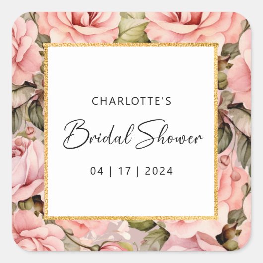 ほんのりバラの花の水彩ウェディングシャワー スクエアシール (正面)