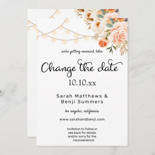 ほんのりピンクとオレンジの花とライトを変更日 招待状 (正面/裏面)