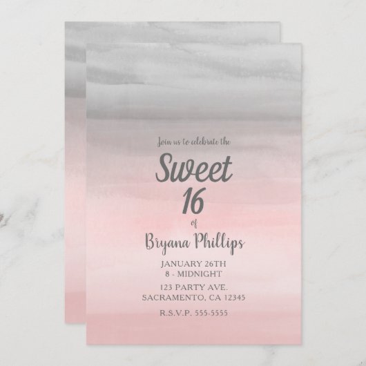 ほんのりピンクとグレーのモダンな水彩画 スイート16 招待状 (正面/裏面)
