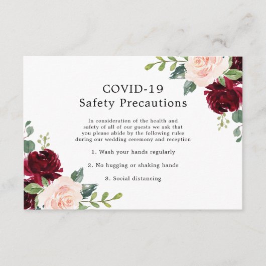 ほんのりピンクとバーガンディの花の結婚式 COVID-19 安全対策 エンクロージャーカード (正面)