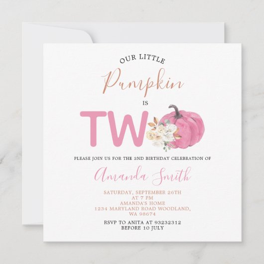 ほんのりピンクのカボチャは2歳の誕生日フラワー 招待状 (正面)
