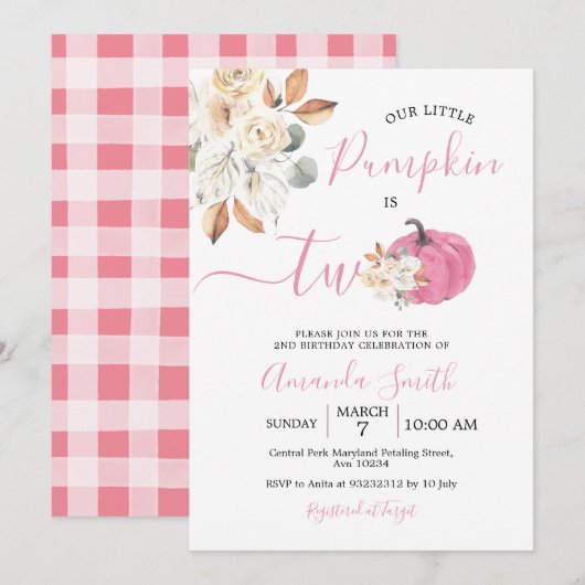 ほんのりピンクのカボチャ 秋の恋 は2歳の誕生日 招待状 (正面/裏面)