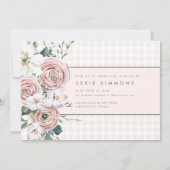 ほんのりピンクのギンガムチェックの花園 ベビーガールシャワー 招待状 (正面)