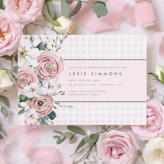 ほんのりピンクのギンガムチェックの花園 ベビーガールシャワー 招待状