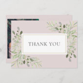 ほんのりピンクのグリーン水彩葉の写真 サンキューカード (正面/裏面)