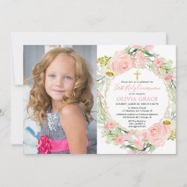 ほんのりピンクのゴールドの花のファーストホーリーコミュニオン写真 招待状