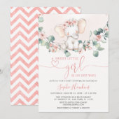 ほんのりピンクのスウィートな少女象のベイビーシャワー 招待状 (正面/裏面)