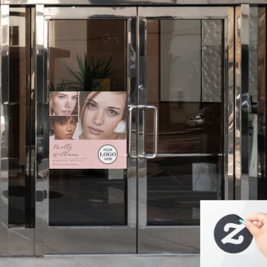 ほんのりピンクのスクリプトロゴ写真メイクスタジオ窓 ウィンドウサイン (オフィスドア)