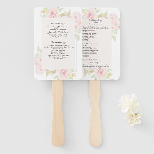 ほんのりピンクのバラの花水彩ウェディングプログラム ハンドファン (正面&裏面)