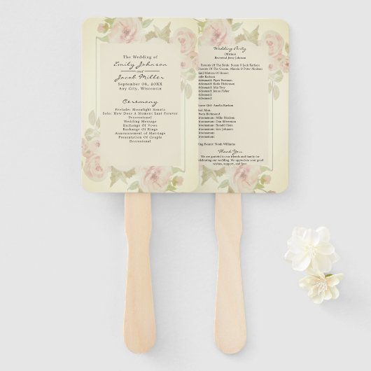 ほんのりピンクのバラの花水彩ヴィンテージ プログラム ハンドファン (正面&裏面)