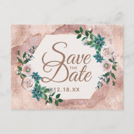 ほんのりピンクのバラ ゴールド 多肉植物 Save the Date 案内ポストカード