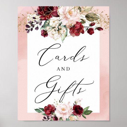 ほんのりピンクのバーガンディーフラワーのカードとギフトのサイン ポスター (正面)