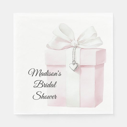 ほんのりピンクのボウギフト ハートチャーム ブライダルシャワー スタンダードランチョンナプキン (正面)