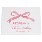ほんのりピンクの弓の誕生日パーティーかわいい名前 ラージペーパーバッグ (正面)
