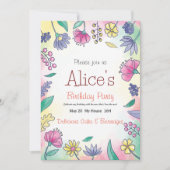 ほんのりピンクの春のお花の女の子の誕生日招待状 招待状 (正面)