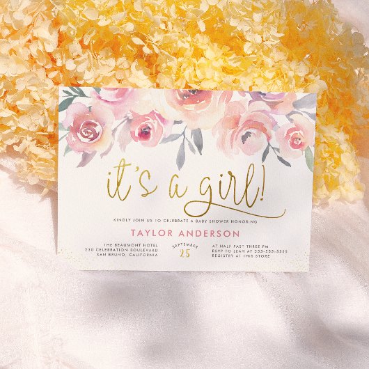 ほんのりピンクの水彩ローズ　It's A Girl ベビーシャワー 招待状