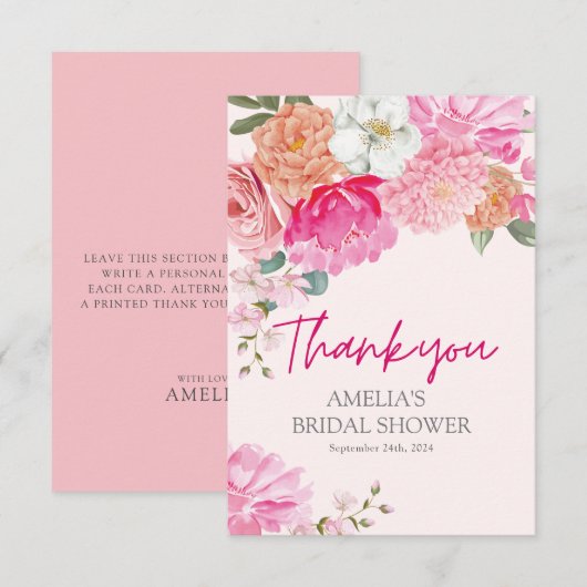 ほんのりピンクの水彩花イラストのウェルカムカード サンキューカード (正面/裏面)