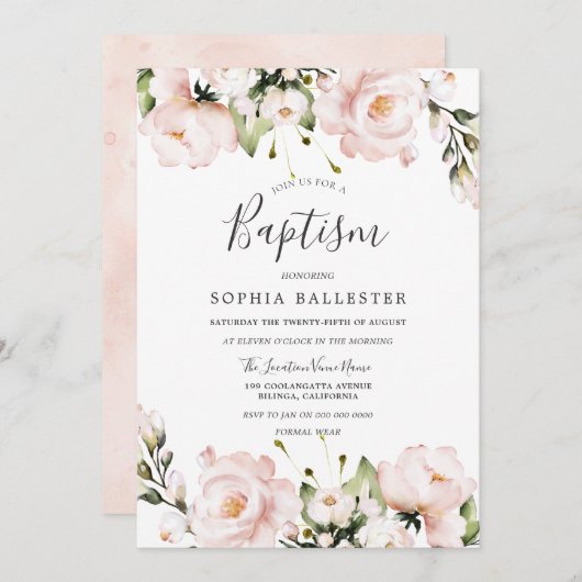 ほんのりピンクの水彩花 赤ちゃん女の子の洗礼 招待状 (正面/裏面)