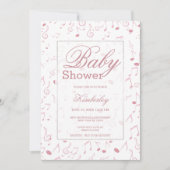 ほんのりピンクの白い水彩画の音符 ベイビーシャワー 招待状 (正面)