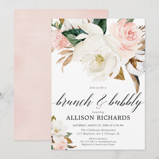 ほんのりピンクの白い花の素朴な秋のブランチの華やかな 招待状 (正面/裏面)