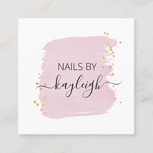 ほんのりピンクの筆致とゴールドのドット スクエア名刺 (正面)