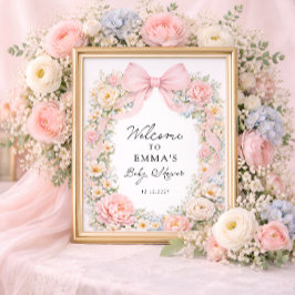 ほんのりピンクの花とリボンのコケティッシュなベイビーシャワーのお出迎え ポスター