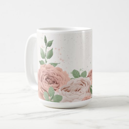 ほんのりピンクの花と緑の植物 コーヒーマグカップ (正面左)