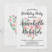 ほんのりピンクの花のハートの誕生日パーティー招待状 招待状 (正面/裏面)