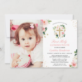 ほんのりピンクの花の少女、初めての聖体拝領の写真 招待状