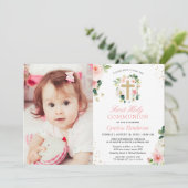 ほんのりピンクの花の少女、初めての聖体拝領の写真 招待状 (スタンド正面)