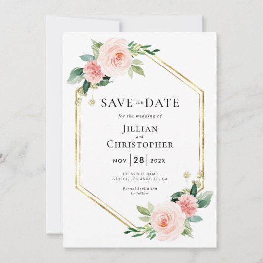 ほんのりピンクの花の「Save the Date」招待状 招待状 (正面)
