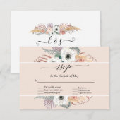 ほんのりピンクの花を添えたボヘミアンパンパスグラスとパームの葉のRSVP 出欠カード (正面/裏面)