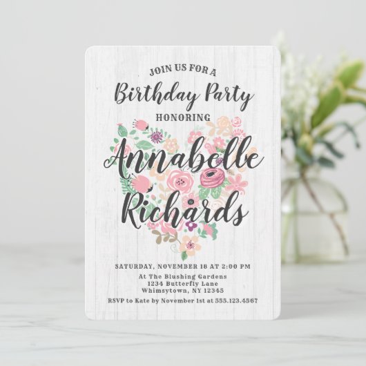 ほんのりピンクの花ハートの誕生日パーティー招待状 招待状 (スタンド正面)