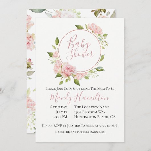ほんのりピンクの花冠 ベビーシャワーの招待状 招待状 (正面/裏面)
