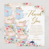 ほんのりピンクの花柄ティーパーティー ベビー ブライダルシャワー サンキューカード (正面/裏面)