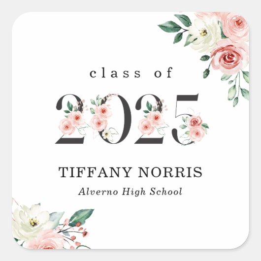 ほんのりピンクの花柄数字 卒業ステッカー スクエアシール (正面)