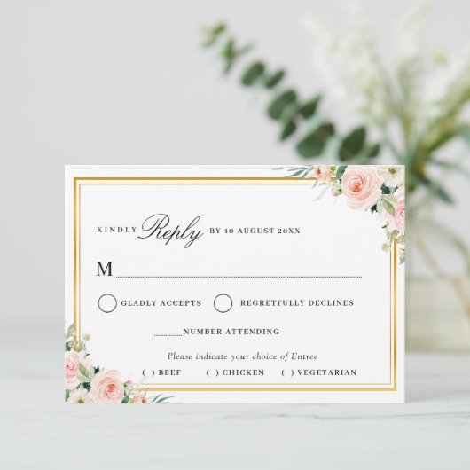 ほんのりピンクの花柄 ゴールドフレーム 料理選択 RSVP カード (スタンド正面)