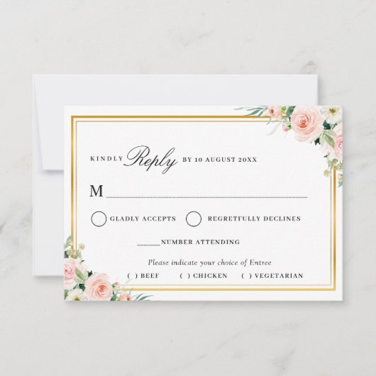 ほんのりピンクの花柄 ゴールドフレーム 食事選択 RSVP カード (正面)