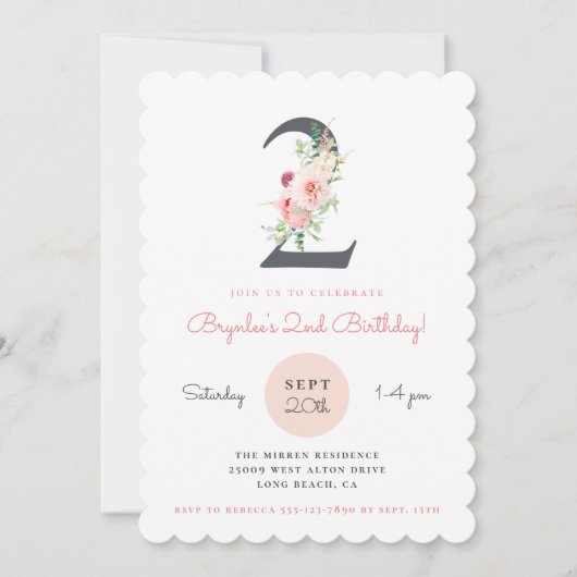 ほんのりピンクの花 2歳の誕生日 招待状 (正面)