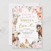 ほんのりピンクの農場動物の女の子の誕生日 招待状 (正面)