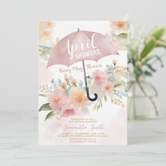 ほんのりピンクの4月の雨が5月の花をもたらす傘 招待状 (スタンド正面)