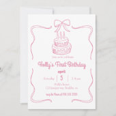 ほんのりピンクの コケティーなリボン 1歳の誕生日ケーキ 招待状 (正面)