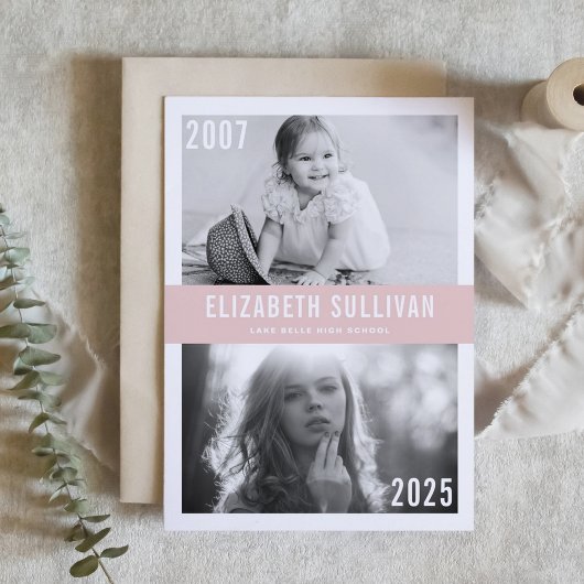 ほんのりピンクのNow and Then フォトコラージュ 卒業式 招待状