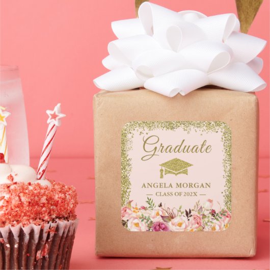 ほんのりピンク ゴールドグリッター 花柄 卒業お祝いギフト スクエアシール (パーティー)